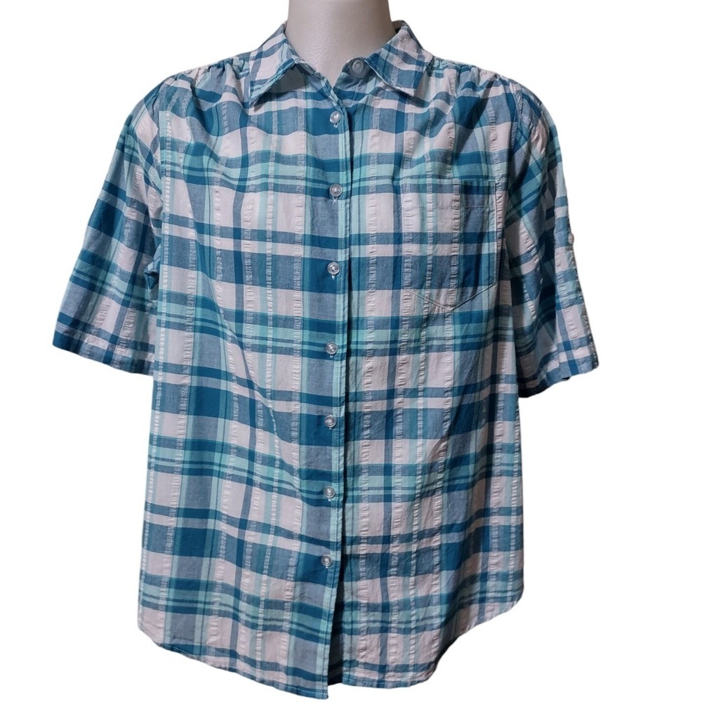 Woman Within Button Up Shirt Women's SZ 18/20‎ Large Plaid Roll Tab Short Sleeve